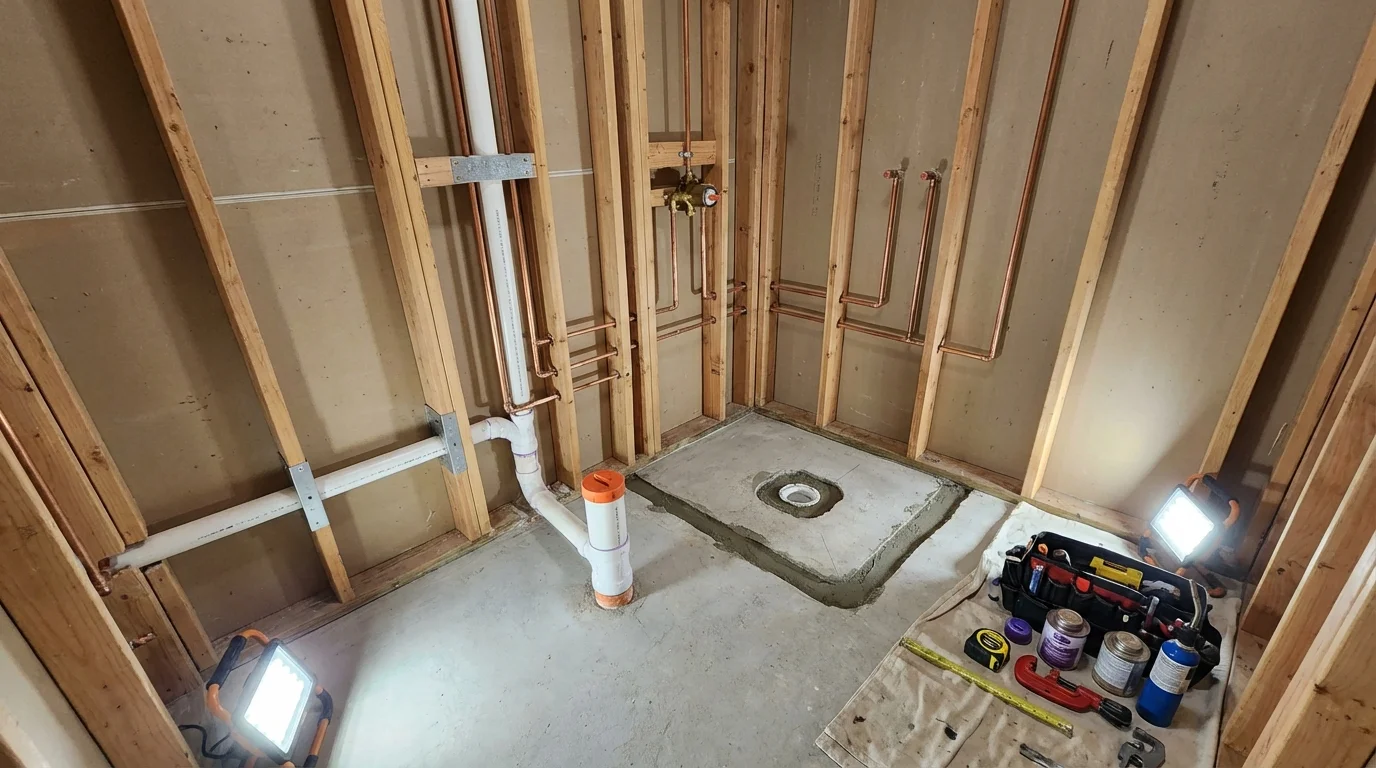 Bathroom rough-in plumbing during remodel by Johns Plumbing LLC in Limerick