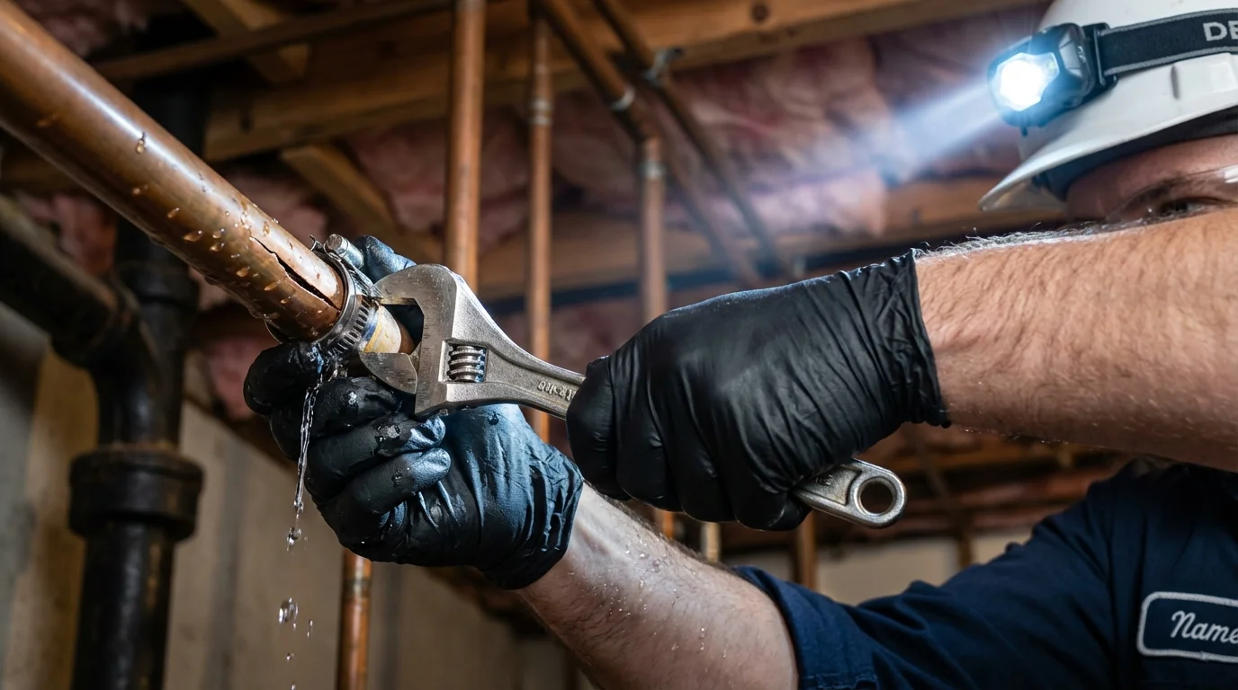 Emergency pipe clamp repair being performed by a Johns Plumbing LLC plumber in Limerick