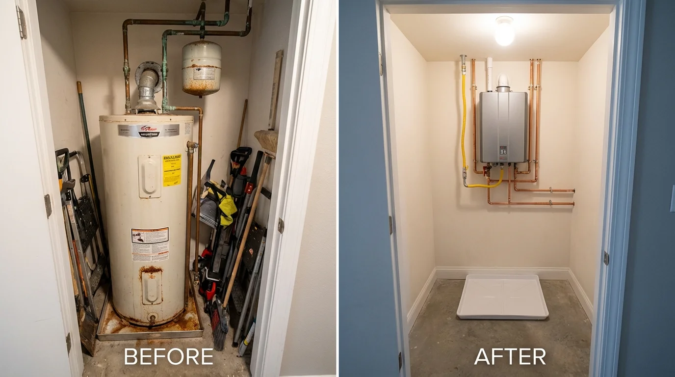 Tank water heater versus wall-mounted tankless unit comparison for Limerick, ME homeowners