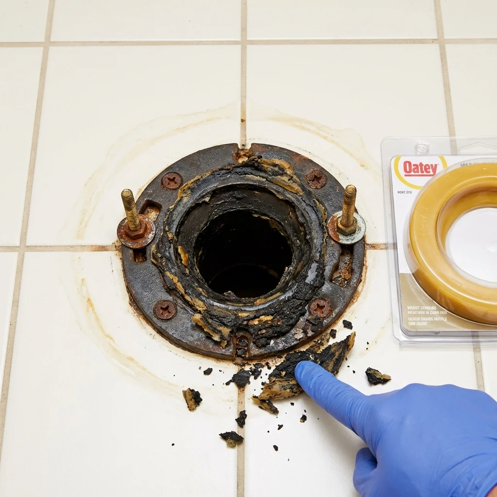 Failed wax ring showing water seepage at the base of a toilet in a Limerick, ME home