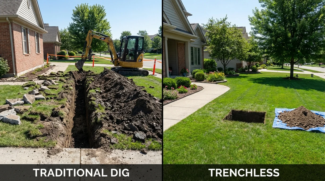 Trenchless sewer repair with minimal yard damage versus traditional excavation in Limerick, ME