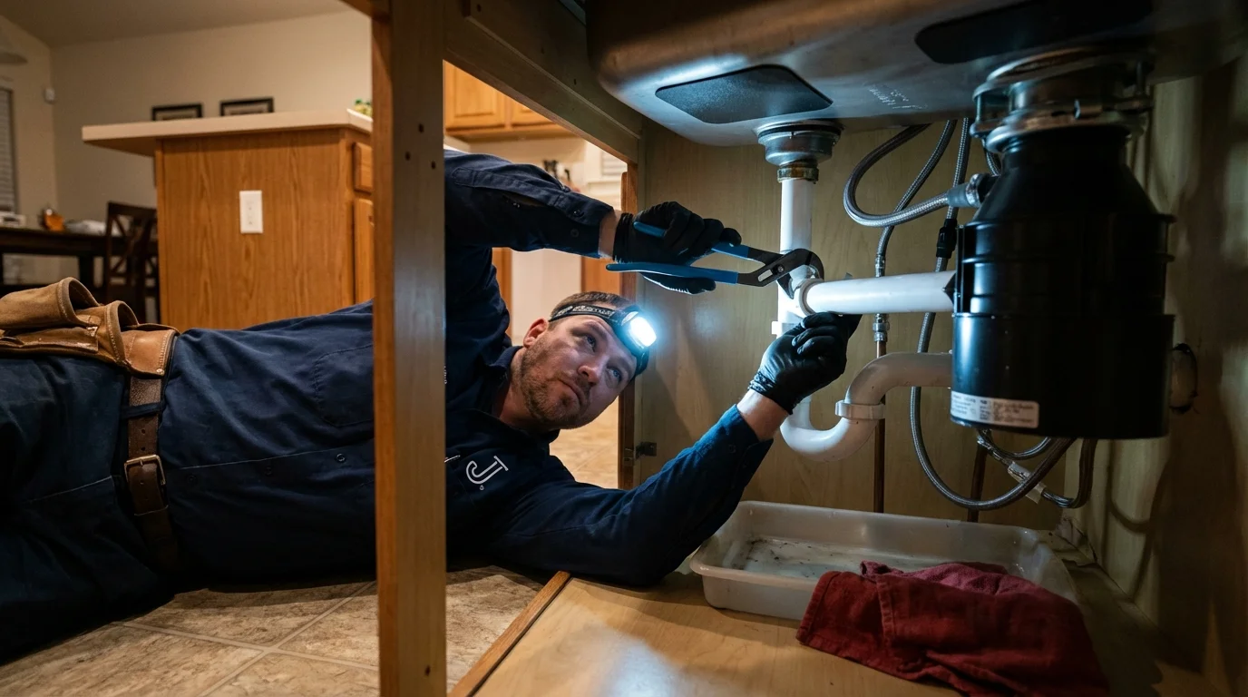 P-trap and supply line connections under a kitchen sink showing a common leak point in Limerick, ME